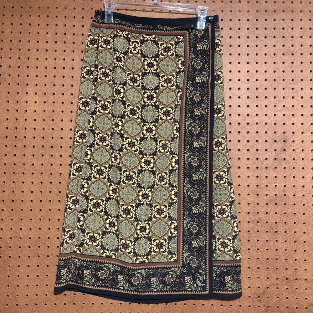 Sag Harbor Maxi Skirt 8P Black Sage Green Medallion Faux Wrap Boho Long Vintage